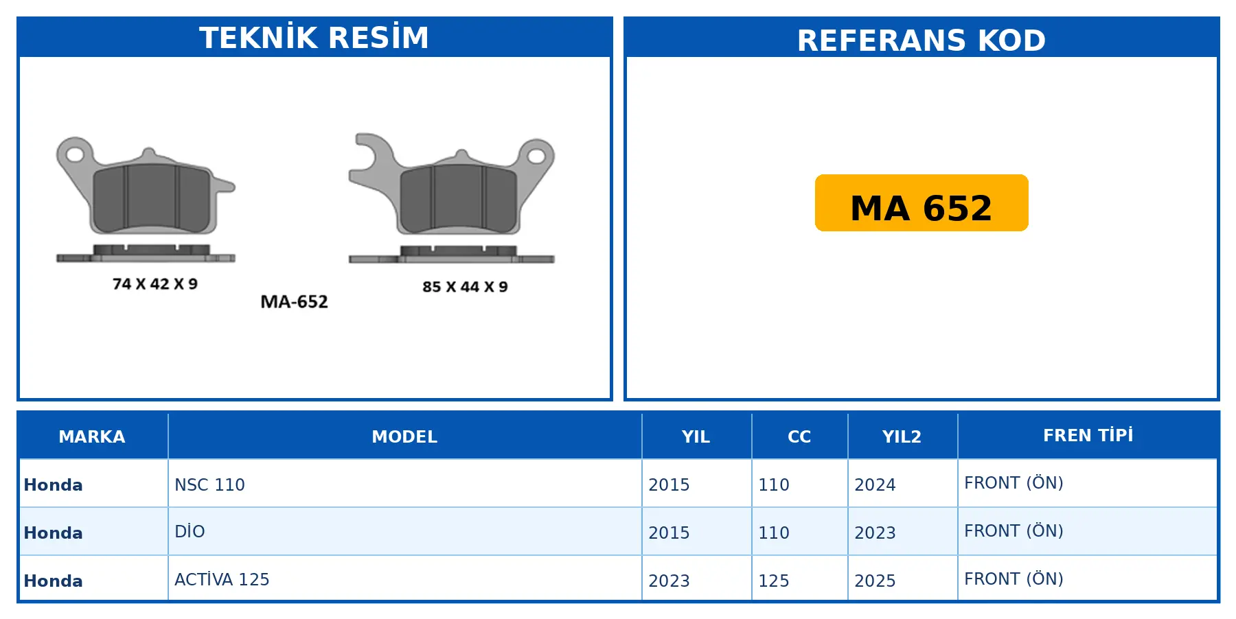 DİSK FREN BALATASI MA 652