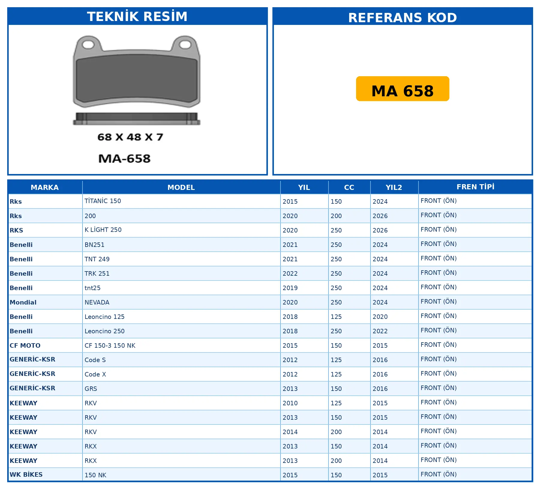 DİSK FREN BALATASI MA 658